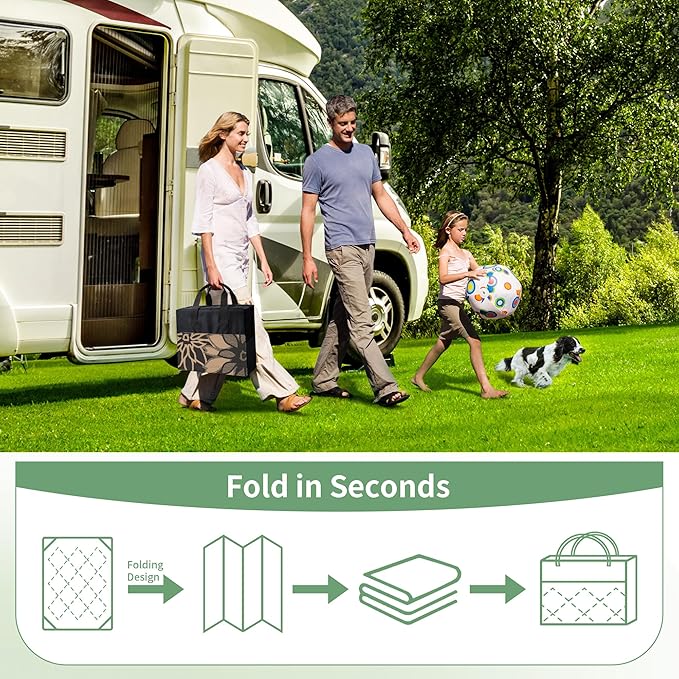 GENIMO Outdoor Rug Waterproof for Patio Decor, 8' x 10' Reversible Plastic Straw Floral Camping Carpet, Large Area Rugs Mats for RV, Camper, Deck, Balcony, Porch, Beach, Picnic, Black & Brown