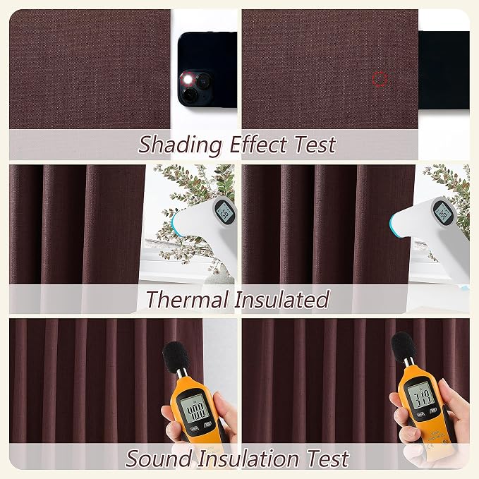 Guken Reddish Brown 100% Blackout Linen Curtains 120 Inch Length 2 Panels Set - Image 6