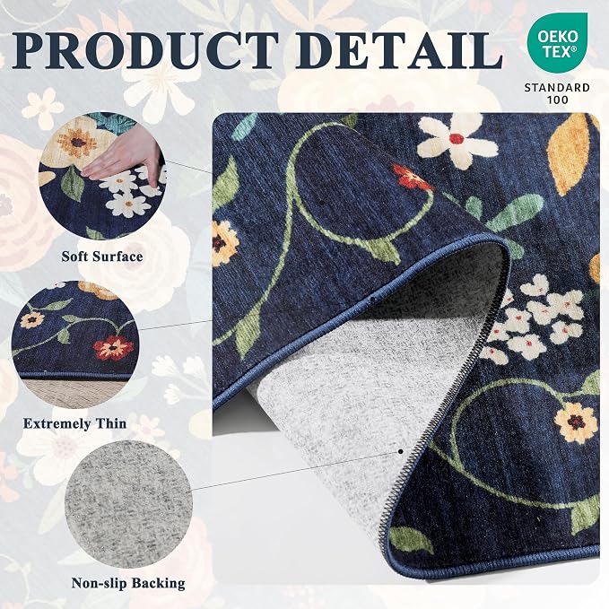 DUKINO 4x4 Square Area Rug, Floral Washable Rug - Image 4
