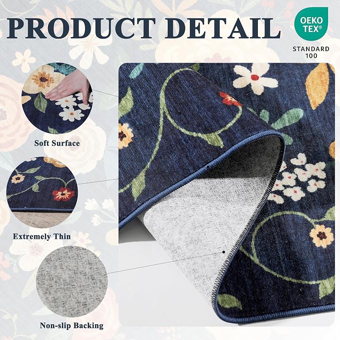 DUKINO 2.6x12 Kitchen Runner Rug, Floral Non Slip Washable Rug, Stain Resistant - Image 4
