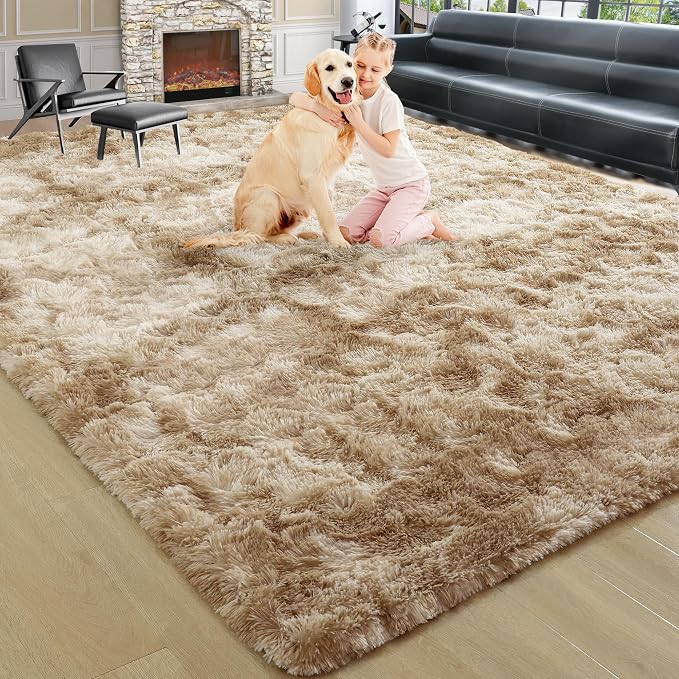 6x9 Large Tie-Dyed Beige Fluffy Area Rug Non-Slip - Image 9
