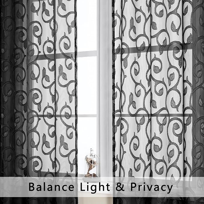 Furman Black Sheer Curtains 72 inches Long 2 Panels Set, Light Filtering Top - Image 3
