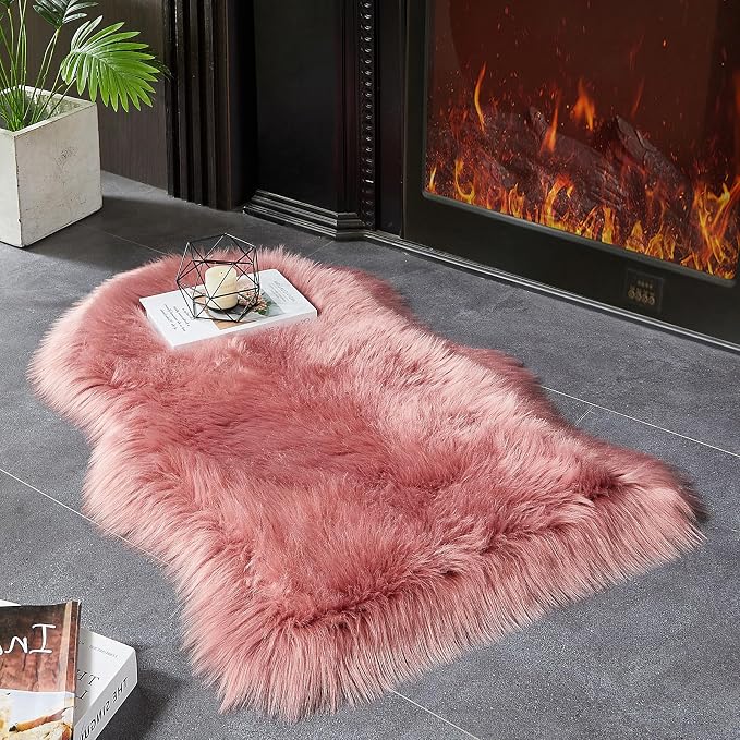 AMTOVO Faux Fur Rug, Blush Pink Small Area Rug, Fluffy Sheepskin Rug, Fuzzy by AMTOVO