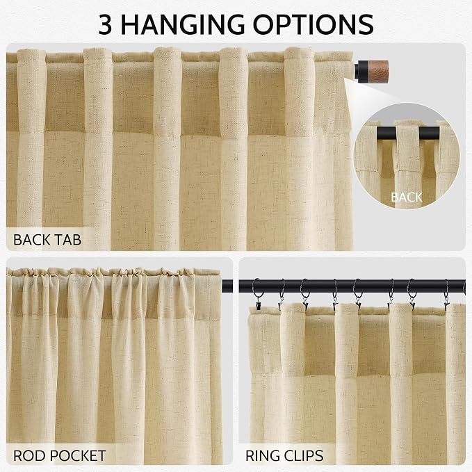 Nanspring Cream Yellow Linen Curtains 63 Inch Length - Image 2