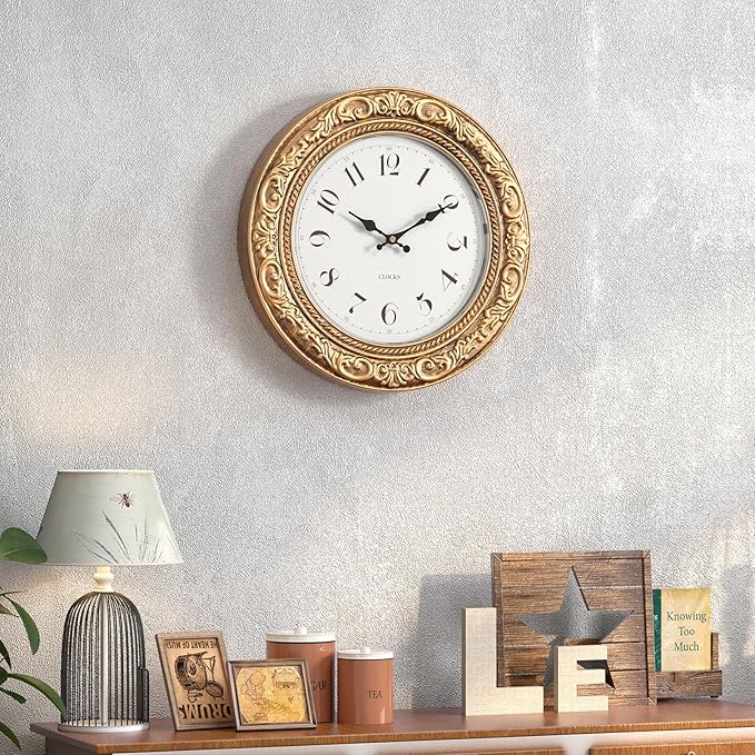 Menterry European Vintage Decorative Wall Clock, 12" Antique Gold Style, Battery Operated Wall Clocks for Kitchen, Bedroom, Farmhouse, Bathroom, Offices
