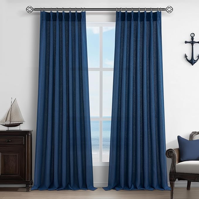 Thick Linen Denim Blue Viral Sheer Curtains 96 Inches Long by PleatedDrapes