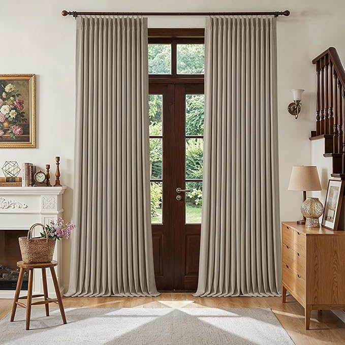 Deep Flax Linen Pinch Pleated 100% Blackout 92 Inch Curtains 2 Panels | Greige by Twodrapes