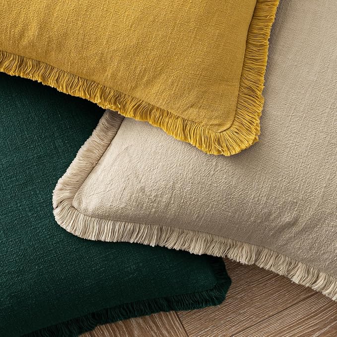 MIULEE Boho Linen Fringe Decorative Euro Throw Pillow Covers Beige 24x24 | Set - Image 4