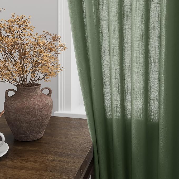 Nanspring Olive Green Linen Blend Semi Sheer Light Filtering Curtains 78 Inches - Image 2