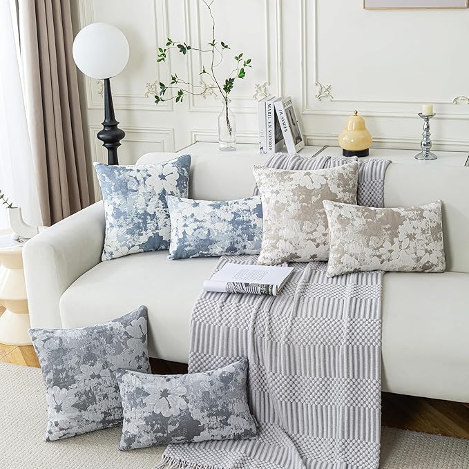 Jacquard Throw Pillow Covers 18x18 Inch Set of 2 - Vintage Floral Boho Pillow Cases with Botanical Pattern | Farmhouse Decor for Couch Living Room | Soft Textured Neutral Trio Slate Gray 18" x 18"
