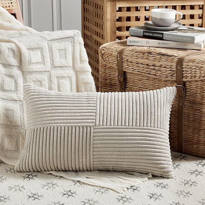 Fancy Homi 2 Packs Neutral Taupe Lumbar Decorative Throw Pillow Covers 14x22 - Image 2