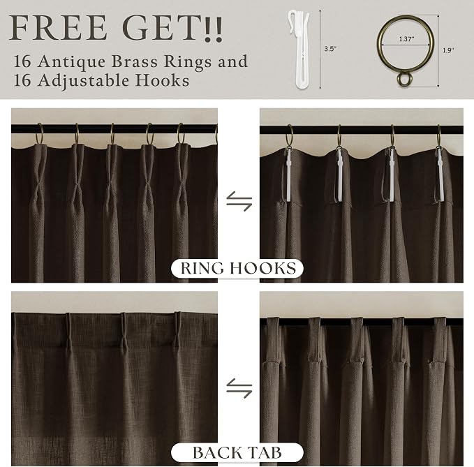 Pinch Pleated Dark Brown Light Filtering Flax Linen Curtains 96 Inches Long | - Image 6