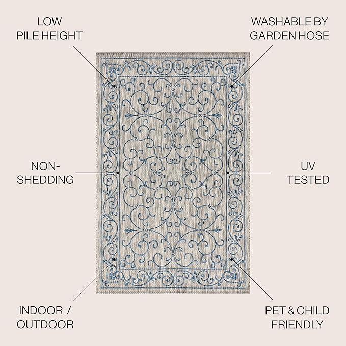 JONATHAN Y Vintage Filigree Indoor Outdoor Square Area Rug 6X6 Gray/Navy, Charleston Textured Weave for Backyard, Patio, Porch, Easy-Cleaning, High Traffic, Pet-Friendly, Non-Shedding (SMB106C-6SQ)
