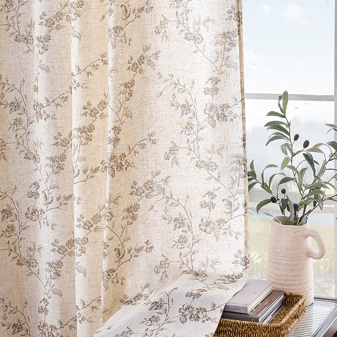 Lazzzy Taupe Floral Linen Curtains 84 Inch Farmhouse Back Tab Drapes - Image 5