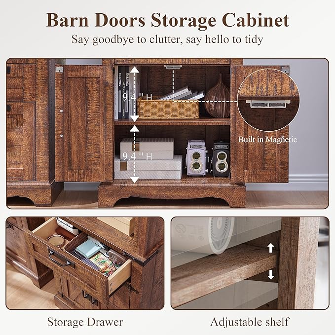 RedLemon Bookshelf with Storage Cabinet, 72" Tall Farmhouse Bookcase with Adjustable Shelves and Barn Door, 4 Tier Office Wood Bookshelf with Drawer for Library Living Room (Reclaimed Barnwood Color)