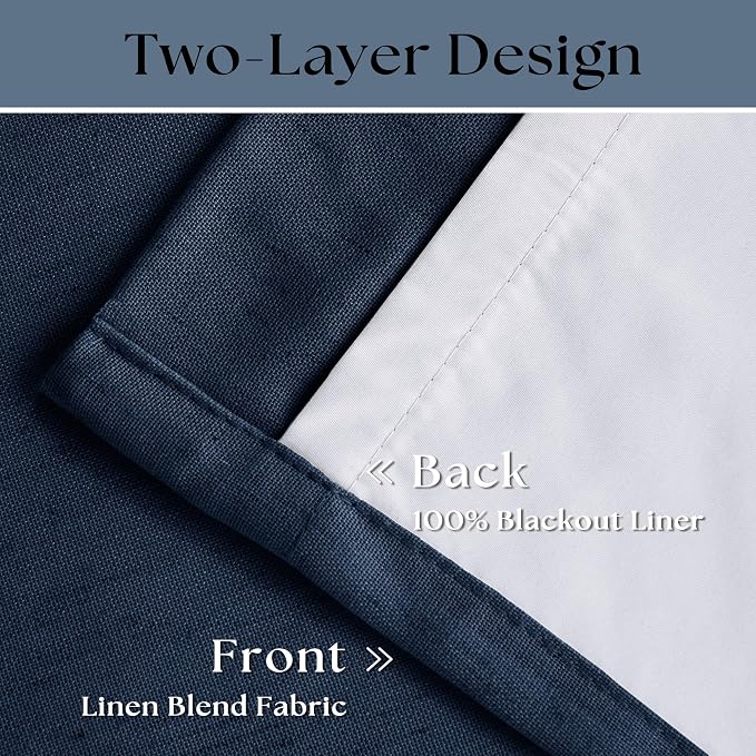 Navy Blue Pinch Pleat 100% Blackout Linen Curtains 2 Layers 45 Inch Long | - Image 4