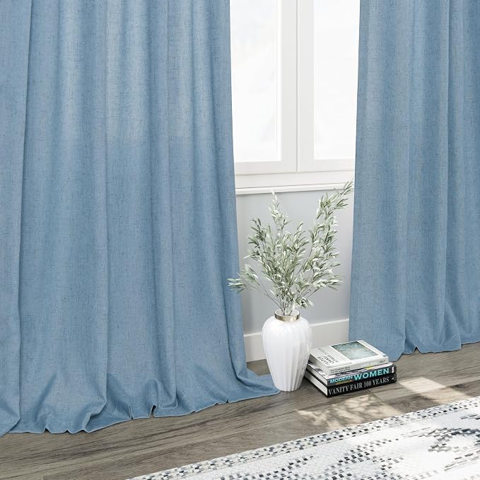 Blue Linen Blend Drapes 84 Inch Length 2 Panels Set Back Tab Rod Pocket Light - Image 6