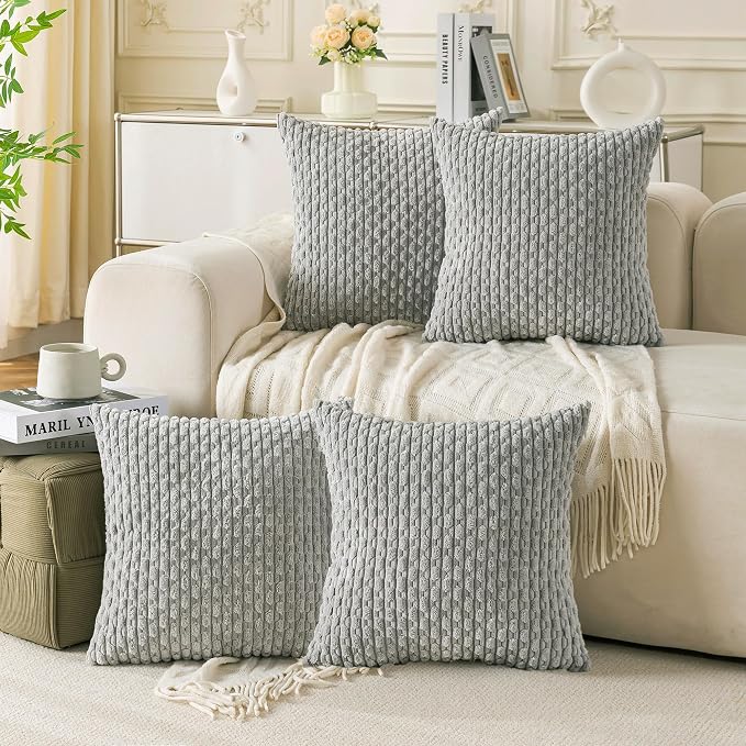 Set of 4 Grey Decorative Throw Pillow Covers 20x20 Inch Corduroy Pillow Covers by Cozoomy