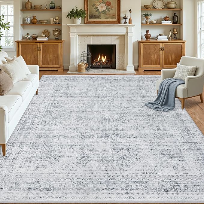 Area Rugs 9x12 Living Room: Bedroom Neutral Washable Carpet Gray | Vintage Boho by Luxturiy