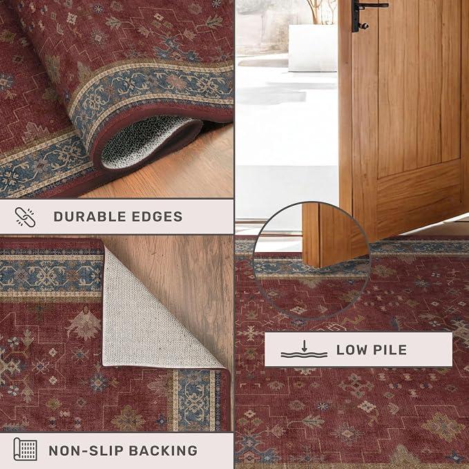 Boho Washable 3x16 Extra Long Hallway Runner Rug, Burgundy Waterproof Large - Image 5