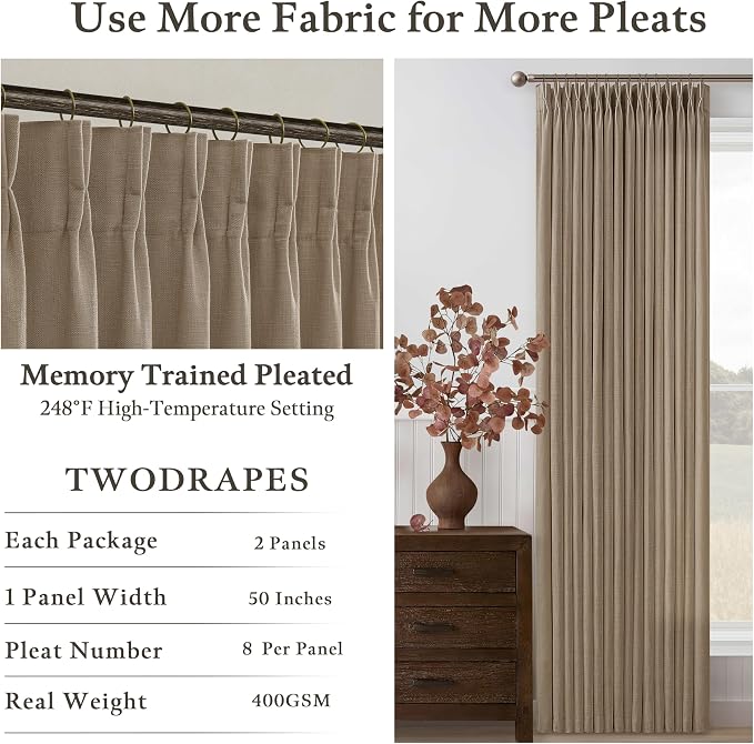 Light Brown Linen Pleated Light Filtering Country Curtains 45 Inch Length | - Image 3