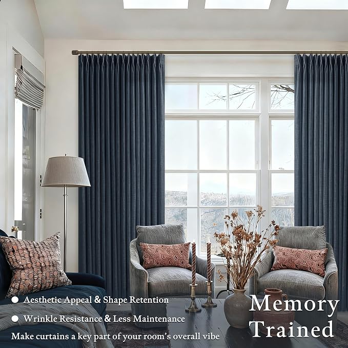 Navy Blue Pinch Pleat Light Filtering Thick Linen Curtains 102 Inches Long | - Image 2