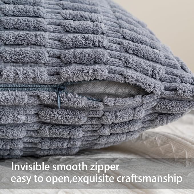 Pack of 2 Corduroy Decorative Throw Pillow Covers 16x16 Inch, Light Grey | Fall - Image 3