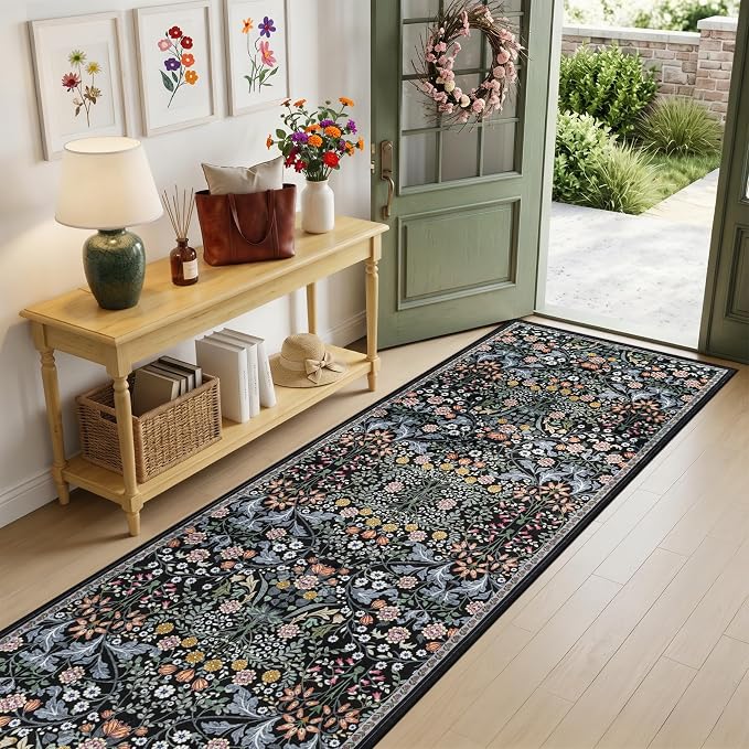 PLHXFR 3x10 Washable Runner Rug：Floral Indoor Kitchen Carpet Dark Black | - Image 2