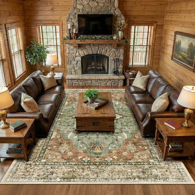 Area Rugs 9'x12' Washable Non-Slip, Floral Vintage Distress Print Pattern - Image 2