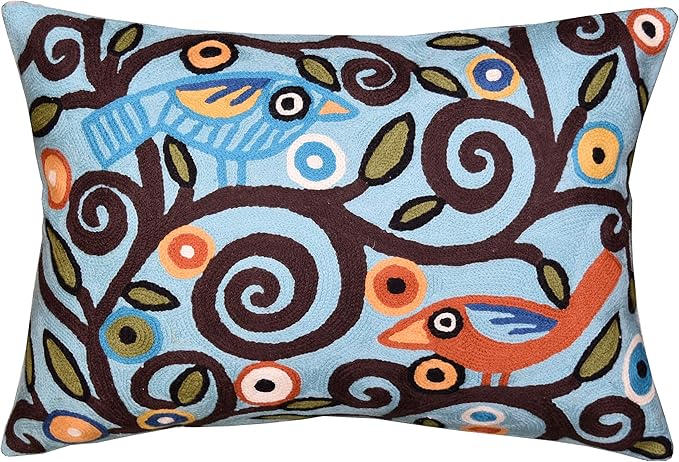 Lumbar Klimt Pillow Cover | Green Birds | Tree of Life | Modern Floral | Outdoor Pillows | Mid Century Chair Cushion | Handmade Wool Size 14x20