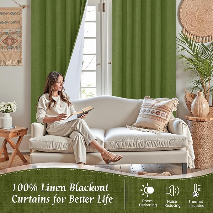 100% Blackout Linen Bedroom Curtains 63 Inches Long 2 Panels | Sage Green - Image 2