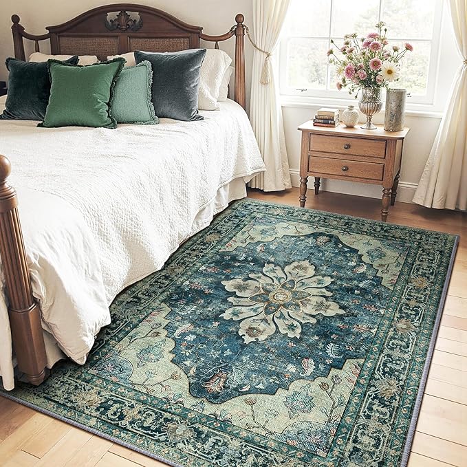 Area Rugs 4'x5' Washable Non-Slip, Floral Vintage Distress Print Pattern by RELEANY