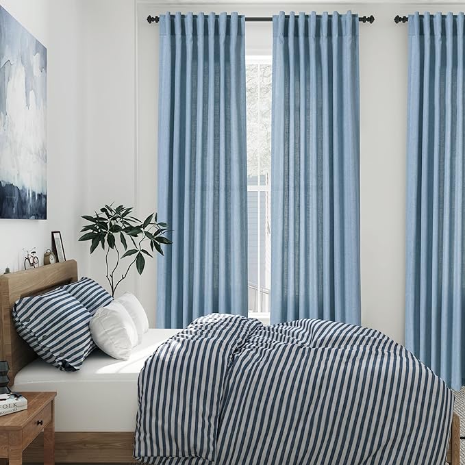 Dusty Blue Linen Curtains 92 Inch Length 2 Panels Set - Image 2