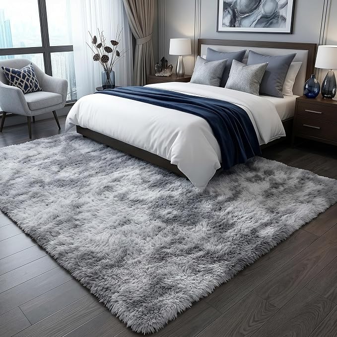 Area Rugs for Living Room Bedroom, 5x8 Fluffy Tie-Dyed Light Grey Shag Rug | - Image 6