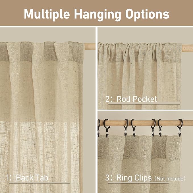 Natural Linen Semi Sheer Curtains 63 Inch - Image 3