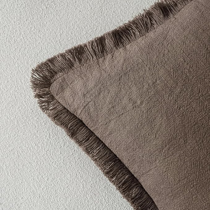 MIULEE Linen Fringe Decorative Fall Euro Throw Pillow Covers Coffee 26x26 | Set - Image 3