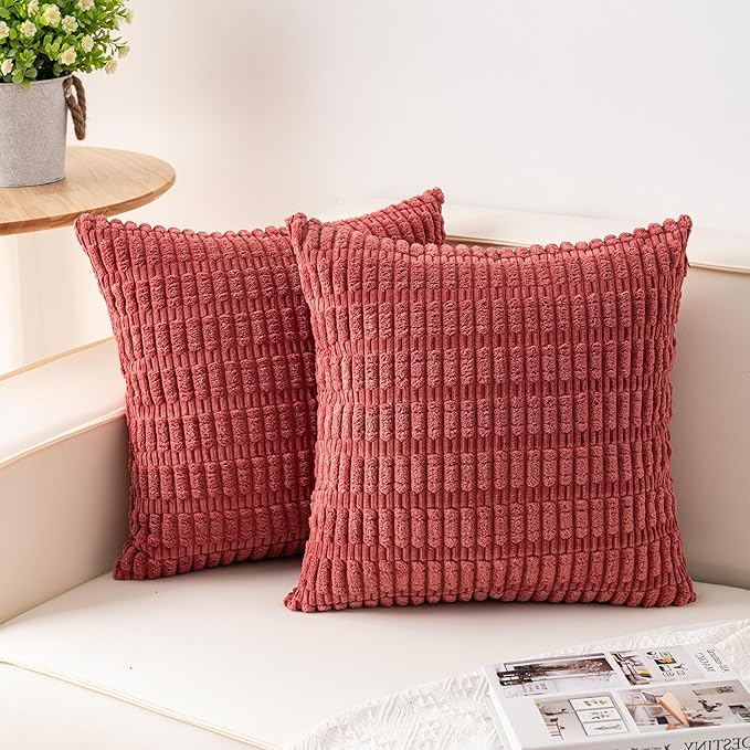 Pack of 2 Corduroy Decorative Throw Pillow Covers 18x18 Inch, Cranberry Red | by Unknown