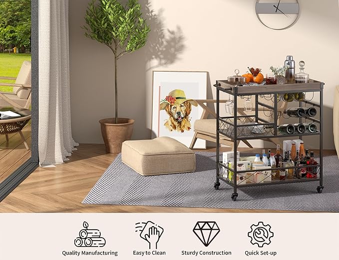 Gizoon Rolling Bar Cart, a Versatile Beverage Cart with a Removable Tray, 12-Bottle Wine Rack, and Glass Holder, The Bar Cart is Perfect for Kitchen, Dining Room, or Outdoor Use (Gray)