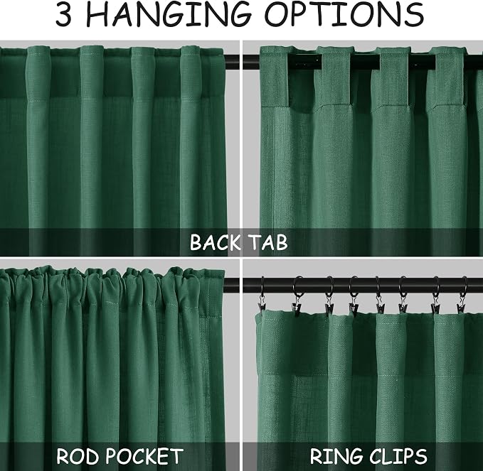 Nanspring Dark Green Linen Curtains 96 Inches Long 2 Panels Set - Image 2