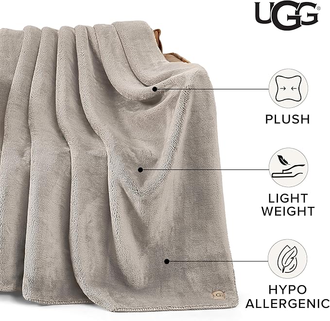 UGG Whitecap Plush Throw Blanket Fleece Lightweight Soft Throw for Couch or Bed Luxury Home Decor for Living Room Washable Hypoallergenic Blankets for Dorm Decor, 50-inch x 70-inch, Light Grey Seal