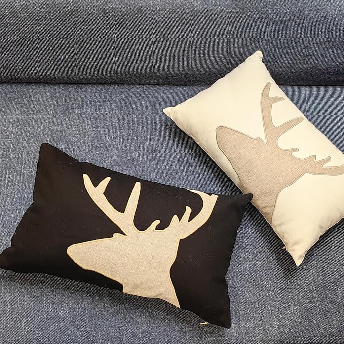 Lumbar Pillow Covers 12x20 Inches Black Decorative Cotton Linen Deer HeadThrow Lumbar Waist Embroidered Cushions Covers for Couch Sofa Bedroom