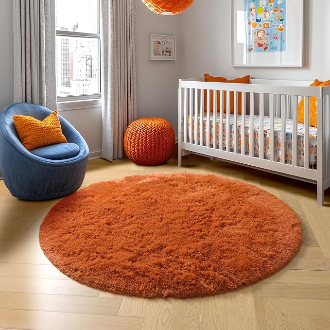 Amdrebio Burnt Orange Fall Round Shag Area Rug 4Ft - Image 8