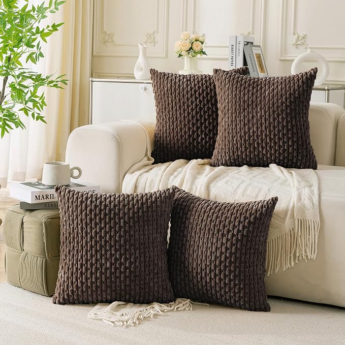 Set of 4 Dark Brown Decorative Throw Pillow Covers 24x24 Inch Corduroy Pillow by Cozoomy