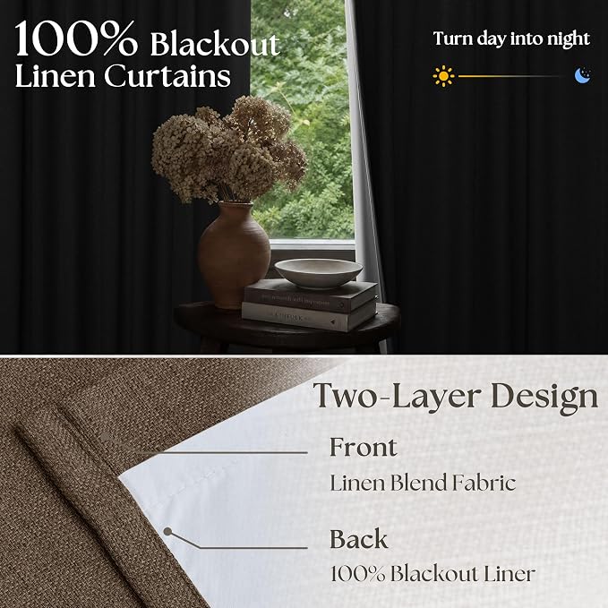 80 Inch Dark Brown Thick Linen Blackout Pinch Pleat Curtains - Image 3