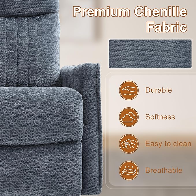 Manual Swivel Rocker Recliner Chair for Adults, Overstuffed Reclining Glider Chair for Nursing with Vibration Massage & Heat, Living Room Rocking Recliner 2-Stage backrest, Chenille Fabric Blue