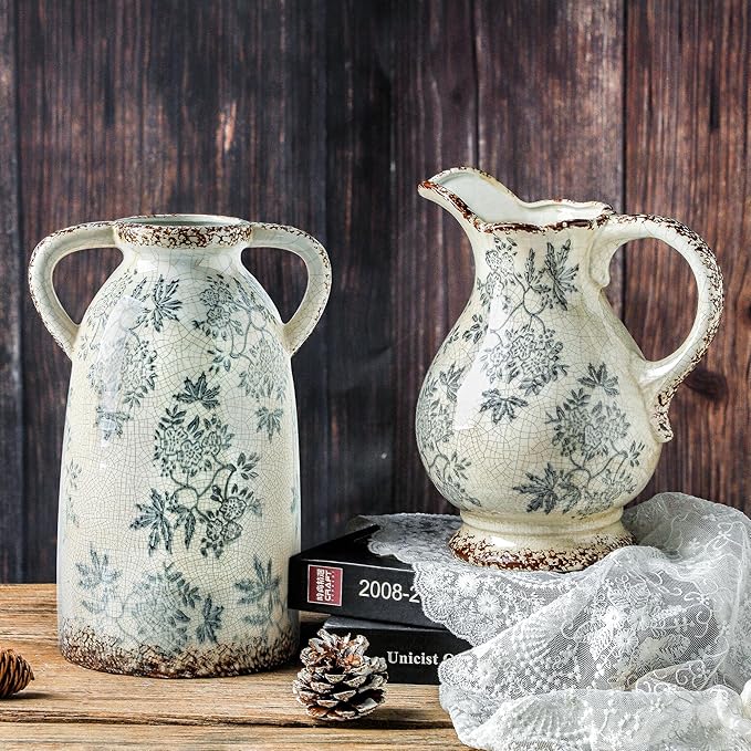 Enra Tall Vintage Blue and White Ceramic Vase with Handle, 11.2 Inch Chinoiserie Decorative Floral Vase, Large Rustic Ceramic Vase for Living Room, Office, Bookshelf, Home Decor