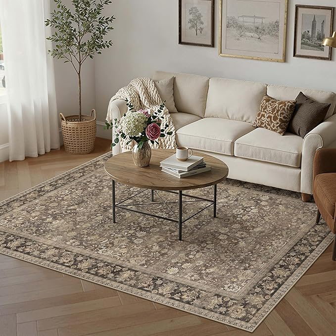 5x8 Brown Vintage Floral Washable Area Rug by HUGEAR