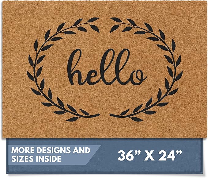 Barnyard Designs Natural Coco Coir Heavy Duty Backing Doormat - Large Cute Non-Slip Front Door Welcome Mat for Outside Entrance or Porch Entry, Brown (24x36, Hello)