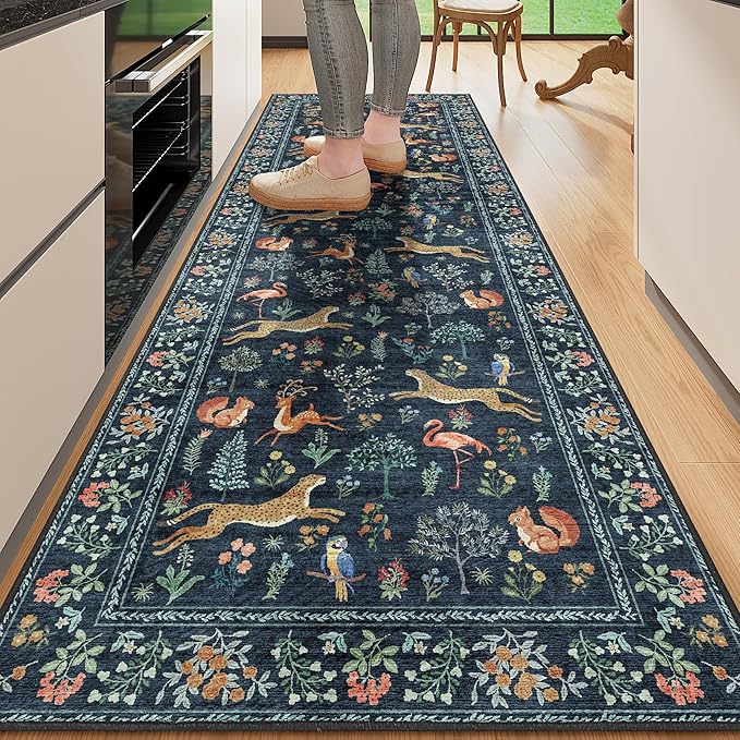 DUKINO 2x10 Kitchen Runner Rug, Soft Non Slip Animal Washable Rug Navy Blue | by DUKINO