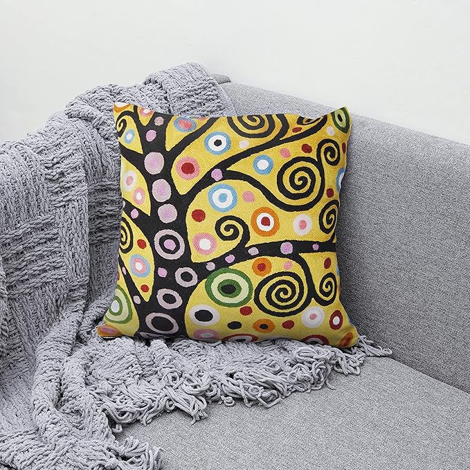 Klimt Yellow Tree of Life Pillow Cover Gold Floral Pillowcase Flower Botanical Gold Accent Suzani Sofa Cushions Kids Room Cushions Hand Embroidered Wool Size - 18x18